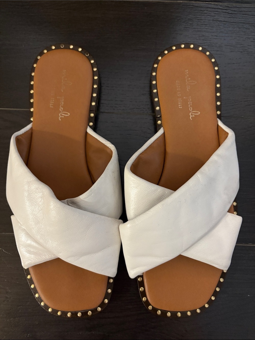 Mila Paoli White Leather Crisscross Studded Slide Sandals sz 8